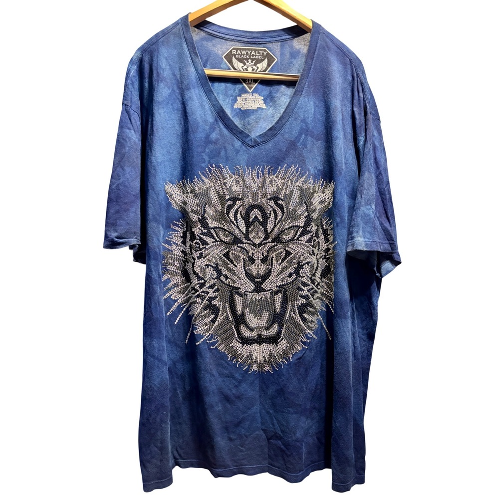 Rawyalty Black Label T-Shirt Mens 3XL Blue Excellent Rhinestone Lion Tie-Dye Tee